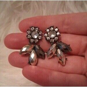 VINTAGE Earrings Feather Shaped Marquis And Round Rhinestones In Silvertone